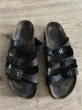 Birkenstock Florida Soft Footbed Sandals Womens 38 US 7 Black Leather 3 Strap